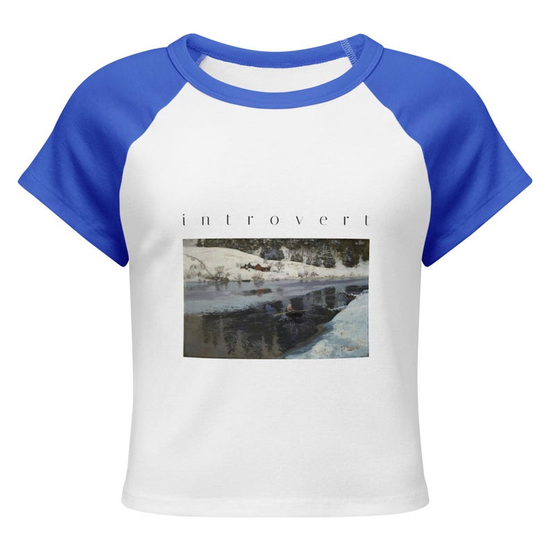 Introvert Baby Tee, Vintage Winter River Oil Painting Raglan Crop Top, Cottagecore Ribbed Womens Art Shirt
