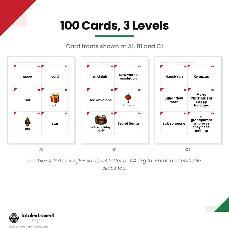 May include: A set of 100 cards organized into three levels labeled A1, B1, and C1. The cards feature text and small illustrations related to holidays and winter themes, including words like snow, gift, lantern, and phrases like Secret Santa.