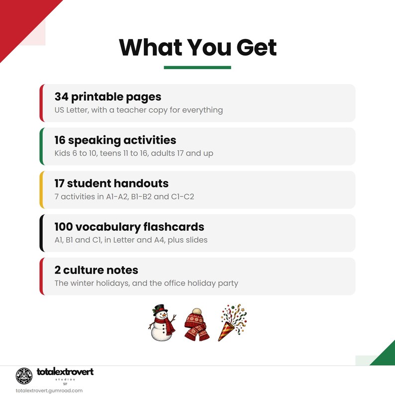 May include: A digital document titled What You Get listing 34 printable pages in US Letter size, 16 speaking activities for various ages, 17 student handouts, 100 vocabulary flashcards in Letter and A4 sizes, and 2 culture notes with holiday icons.
