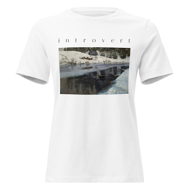 Introvert Shirt, Vintage Winter River Oil Painting Tee, Cottagecore Womens Relaxed T-Shirt, Quiet Aesthetic Art Gift For Her