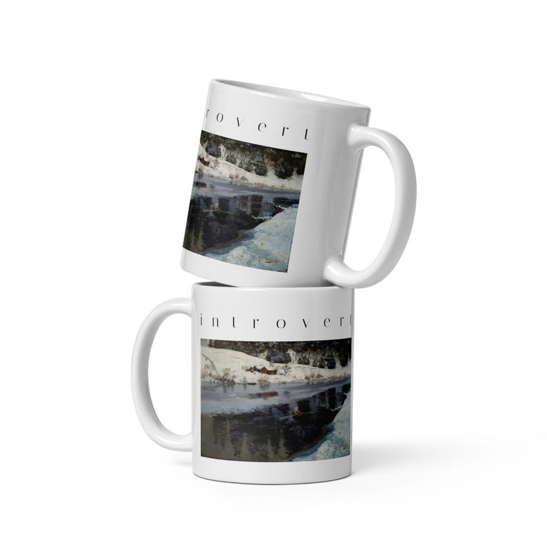 Introvert Mug, Winter River Oil Painting Coffee Mug, Vintage Art 11 oz Ceramic Cup, Quiet Aesthetic Gift