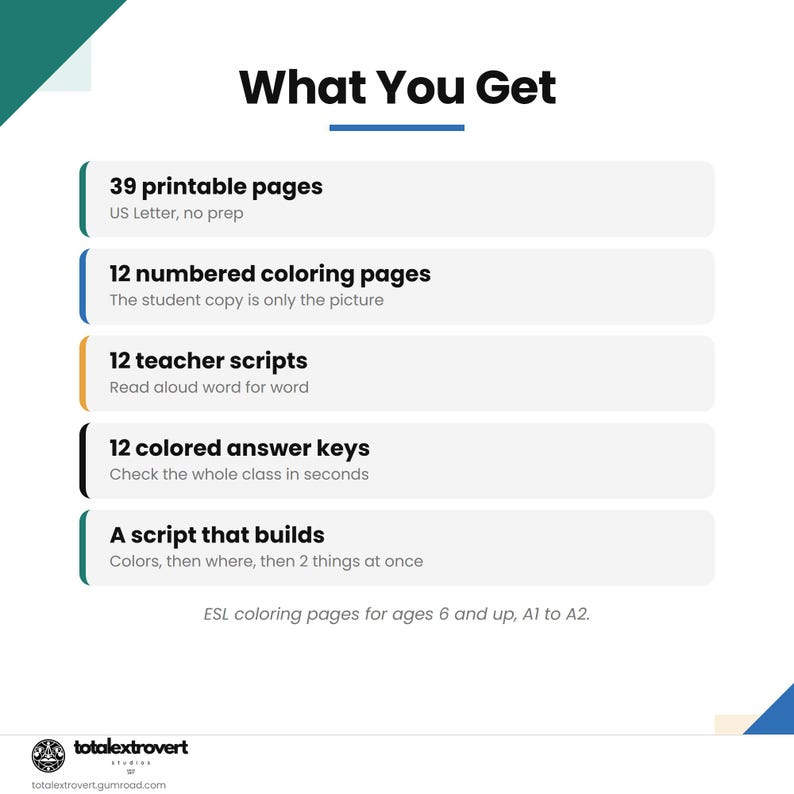 May include: An informational graphic titled What You Get listing 39 printable pages in US Letter size, 12 numbered coloring pages, 12 teacher scripts, 12 colored answer keys, and a script that builds. It notes ESL coloring pages for ages 6 and up.