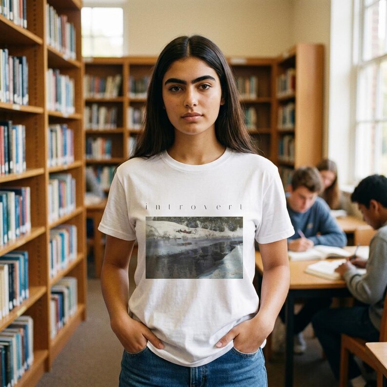 Introvert Shirt, Vintage Winter River Oil Painting Tee, Fitted Womens T-Shirt, Cottagecore Quiet Aesthetic Art Gift For Her