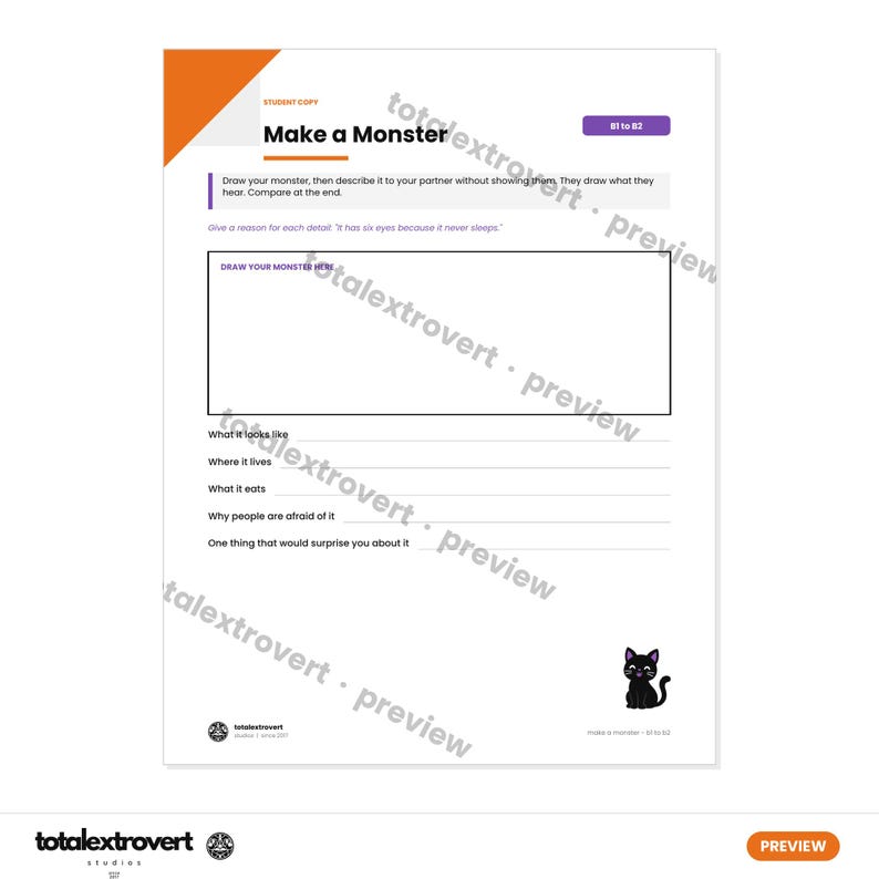 May include: A white educational worksheet titled Make a Monster with an orange corner accent. It includes instructions, a rectangular box for drawing, and lines for writing descriptions. A small black cat illustration is at the bottom right.