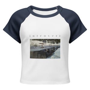 Introvert Baby Tee, Vintage Winter River Oil Painting Raglan Crop Top, Cottagecore Ribbed Womens Art Shirt