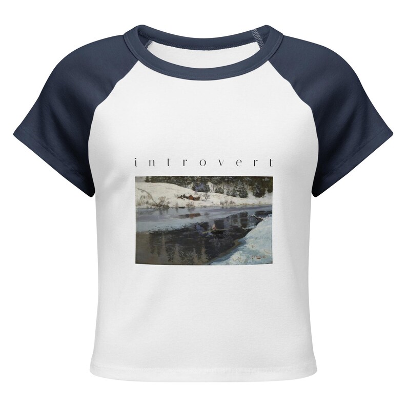 Introvert Baby Tee, Vintage Winter River Oil Painting Raglan Crop Top, Cottagecore Ribbed Womens Art Shirt