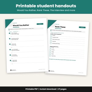 May include: Two white printable student handouts with dark teal accents. The left sheet is titled Would You Rather and lists six choice-based questions. The right sheet is titled Rank These and features two ranking exercises with checkboxes for students.