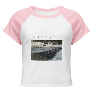Introvert Baby Tee, Vintage Winter River Oil Painting Raglan Crop Top, Cottagecore Ribbed Womens Art Shirt