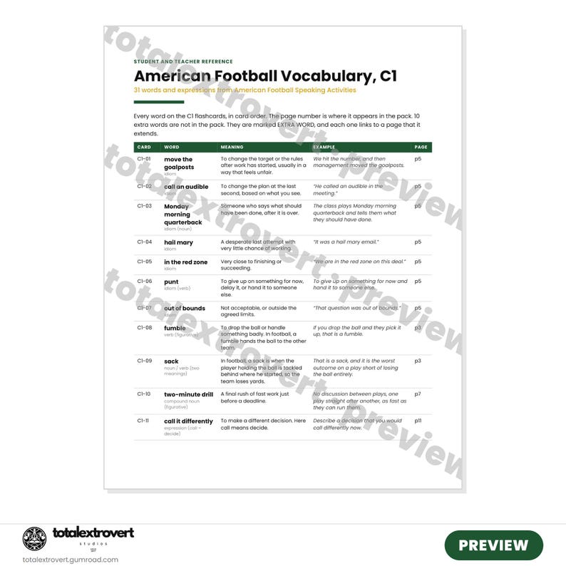 May include: A white educational reference sheet titled American Football Vocabulary, C1, featuring a table with columns for card number, word, meaning, example, and page. The text lists terms like move the goalposts, hail mary, and sack.