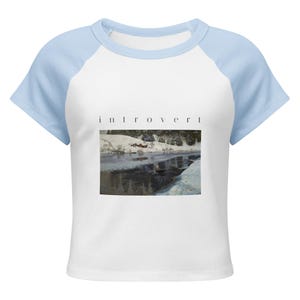 Introvert Baby Tee, Vintage Winter River Oil Painting Raglan Crop Top, Cottagecore Ribbed Womens Art Shirt