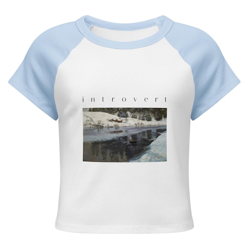 Introvert Baby Tee, Vintage Winter River Oil Painting Raglan Crop Top, Cottagecore Ribbed Womens Art Shirt