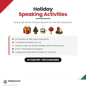 May include: A digital document titled Holiday Speaking Activities featuring icons of a gift, tree, cocoa, lantern, and candles. It lists 16 activities, 17 handouts, culture notes, a story game, and vocabulary flashcards. Includes a 34-page PDF and 100 flashcards.