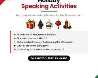 Englisch-Sprechaktivitäten für die Feiertage | Weihnachts-Englischunterrichtspläne A1 bis C2 | Arbeitsblätter für Gespräche in der Winterferienzeit | Vokabelkarten