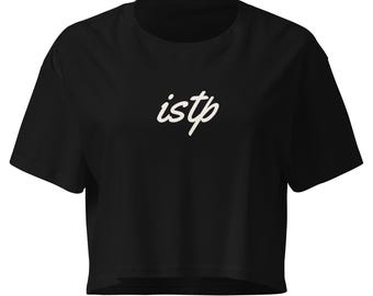 Schwarzes ISTP-Crop-Top, kurzes T-Shirt mit Schreibschrift-Schriftzug zum Persönlichkeitstyp, MBTI-Geschenk für sie, minimalistisches Damen-Crop-Top