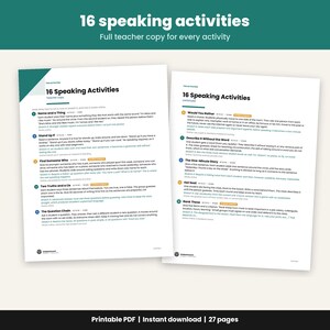 May include: Two white pages of a printable PDF titled 16 Speaking Activities, featuring a list of educational exercises for teachers. The text includes instructions for activities like Name and a Thing, Stand Up If, and Would You Rather.