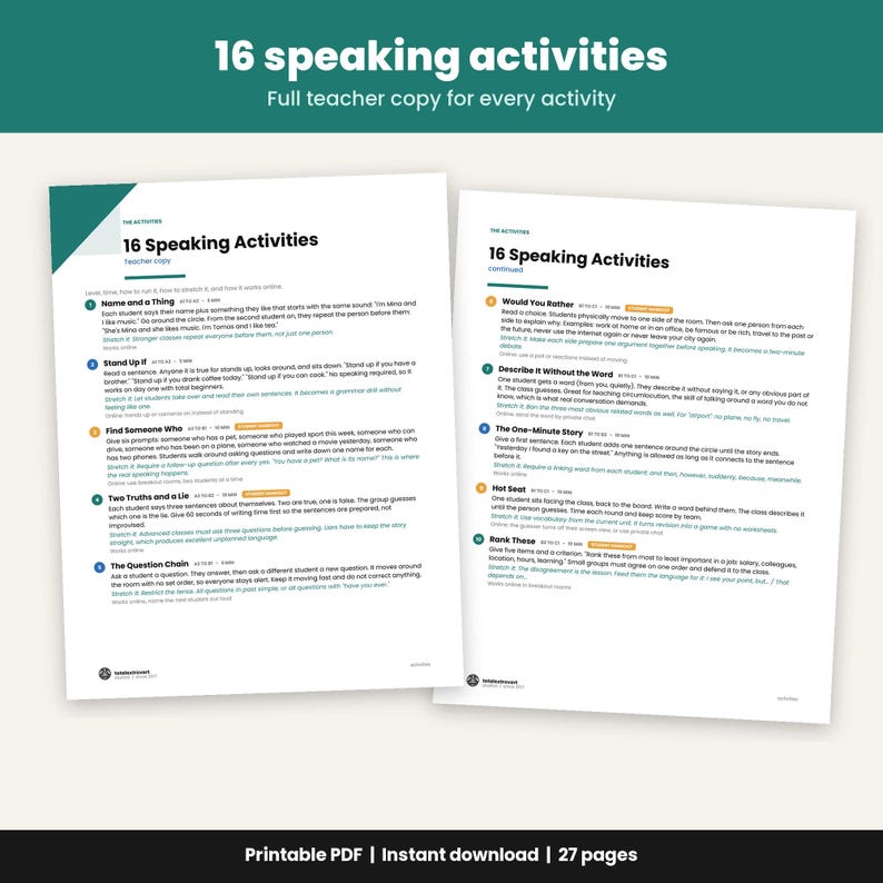 May include: Two white pages of a printable PDF titled 16 Speaking Activities, featuring a list of educational exercises for teachers. The text includes instructions for activities like Name and a Thing, Stand Up If, and Would You Rather.