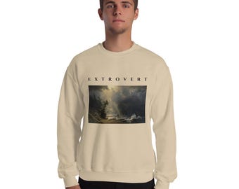 Felpa estroversa, girocollo con stampa artistica unisex "Bierstadt Storm Seascape Oil Painting", felpa con stampa artistica