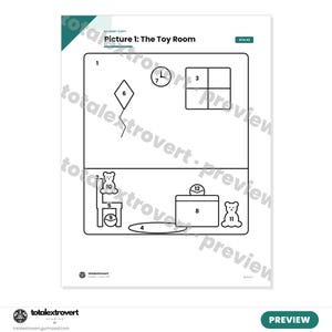 May include: A black and white educational worksheet titled Picture 1: The Toy Room. The page features line art illustrations of a kite, clock, window, chair, ball, toy chest, and two teddy bears, each labeled with a number for identification purposes.