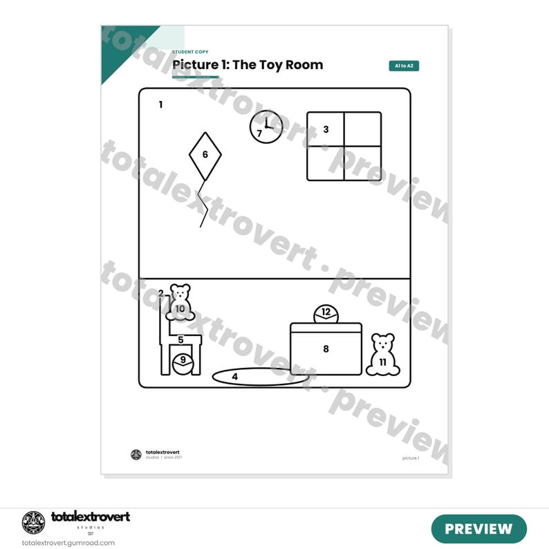 May include: A black and white educational worksheet titled Picture 1: The Toy Room. The page features line art illustrations of a kite, clock, window, chair, ball, toy chest, and two teddy bears, each labeled with a number for identification purposes.