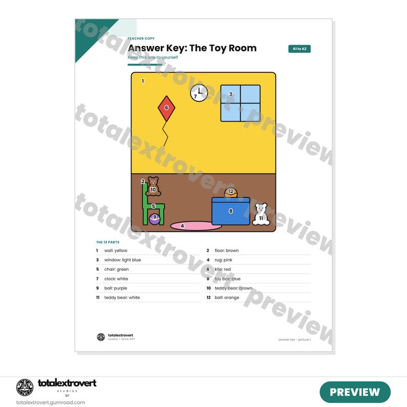 May include: An educational worksheet titled Answer Key: The Toy Room featuring a yellow wall, brown floor, and numbered illustrations of a red kite, blue window, clock, green chair, purple ball, pink rug, blue toy box, and two teddy bears.