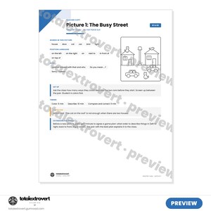 Puede incluir: Una hoja de trabajo educativa blanca titulada Picture 1: The Busy Street, que presenta un dibujo lineal en blanco y negro de dos casas, dos coches, un gato, un p&aacute;jaro y una farola, con texto instructivo para profesores sobre vocabulario.