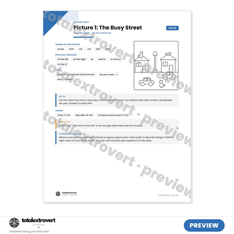 Puede incluir: Una hoja de trabajo educativa blanca titulada Picture 1: The Busy Street, que presenta un dibujo lineal en blanco y negro de dos casas, dos coches, un gato, un p&aacute;jaro y una farola, con texto instructivo para profesores sobre vocabulario.