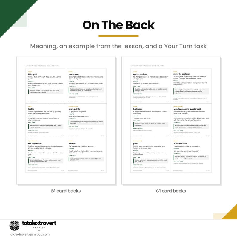 May include: A white educational document titled On The Back featuring two columns of cards labeled B1 card backs and C1 card backs. Each card contains a term, definition, example, and a Your Turn task related to American football terminology.