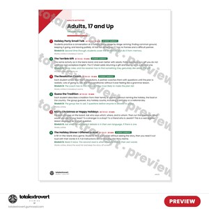 May include: A white educational activity sheet titled Adults, 17 and Up, featuring a list of six holiday-themed lesson plans for teachers. The document includes numbered activities like Holiday Party Small Talk and The Resolution Coach with text.