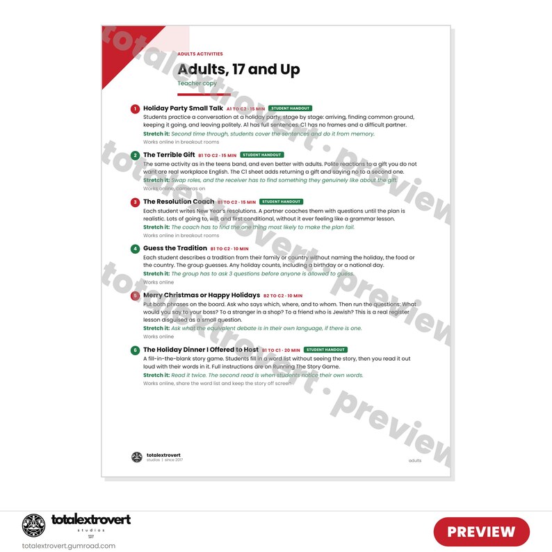 May include: A white educational activity sheet titled Adults, 17 and Up, featuring a list of six holiday-themed lesson plans for teachers. The document includes numbered activities like Holiday Party Small Talk and The Resolution Coach with text.