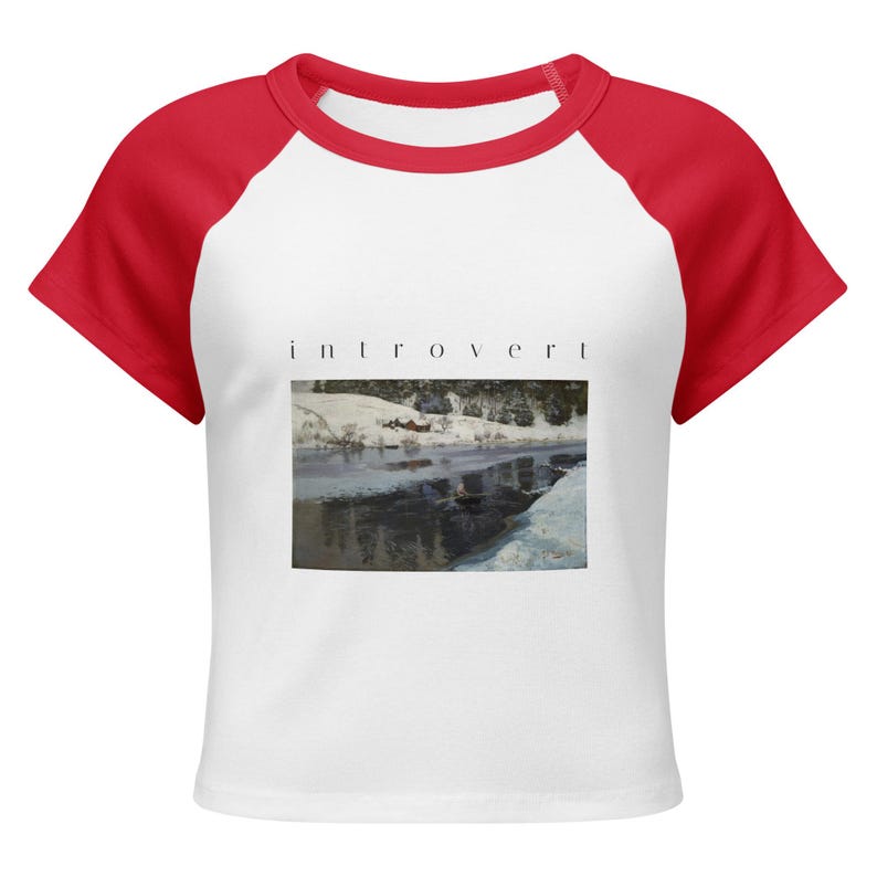 Introvert Baby Tee, Vintage Winter River Oil Painting Raglan Crop Top, Cottagecore Ribbed Womens Art Shirt