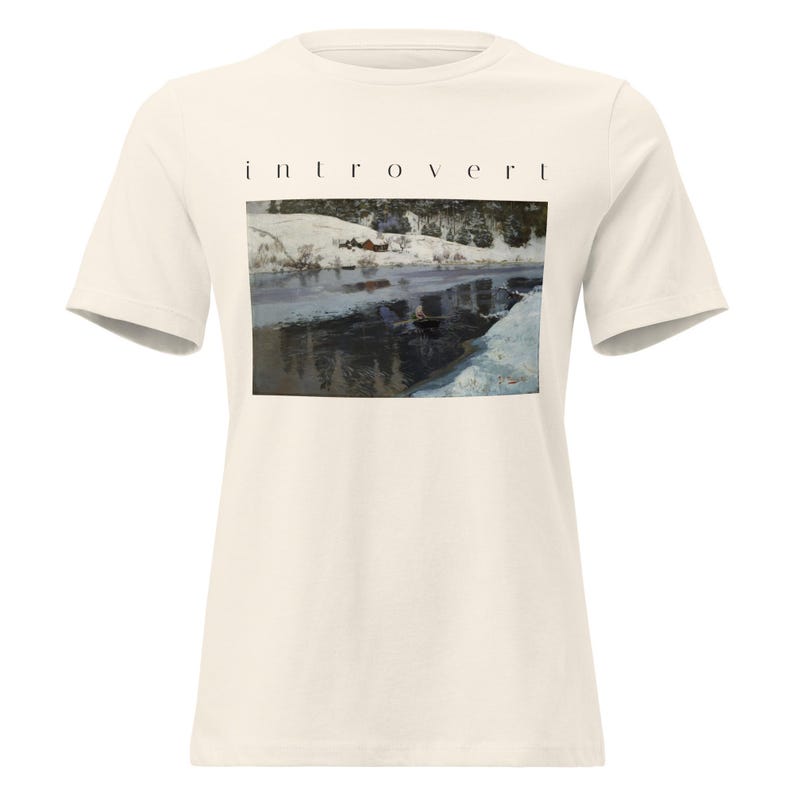 Introvert Shirt, Vintage Winter River Oil Painting Tee, Cottagecore Womens Relaxed T-Shirt, Quiet Aesthetic Art Gift For Her