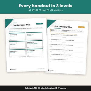 May include: Two educational handouts titled Find Someone Who, featuring white paper with dark green and orange accents. The left sheet includes six boxes for A1-A2 levels, while the right sheet lists prompts for B1-B2 and C1-C2 levels with lines for notes.