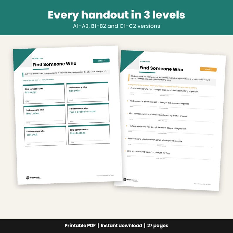 May include: Two educational handouts titled Find Someone Who, featuring white paper with dark green and orange accents. The left sheet includes six boxes for A1-A2 levels, while the right sheet lists prompts for B1-B2 and C1-C2 levels with lines for notes.