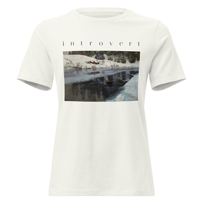 Introvert Shirt, Vintage Winter River Oil Painting Tee, Cottagecore Womens Relaxed T-Shirt, Quiet Aesthetic Art Gift For Her