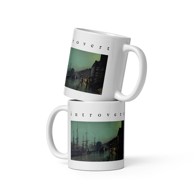 Introvert Mug, Grimshaw Victorian Night Harbor Painting Coffee Mug, Dark Academia 11 oz Ceramic Cup