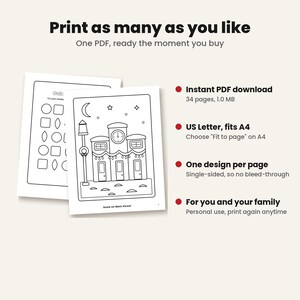 May include: A digital coloring book set featuring 34 pages in a 1.0 MB PDF file. The pages include line art of a clock tower on Main Street and various geometric shapes. The text reads Print as many as you like, Instant PDF download, US Letter, fits A4, One design per page, and For you and your family.