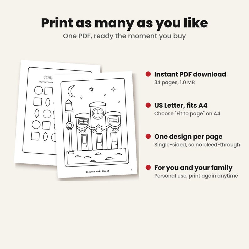 May include: A digital coloring book set featuring 34 pages in a 1.0 MB PDF file. The pages include line art of a clock tower on Main Street and various geometric shapes. The text reads Print as many as you like, Instant PDF download, US Letter, fits A4, One design per page, and For you and your family.