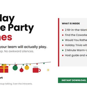 May include: A digital document titled Holiday Office Party Games featuring a list of contents including fill-in-the-blank games, bingo, trivia, and warm-ups. The graphic includes a string of holiday ornaments, a tree, and a gift box illustration.