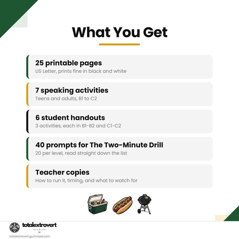 May include: A digital document titled What You Get listing 25 printable pages in US Letter size, 7 speaking activities for B1-C2 levels, 6 student handouts, 40 prompts for The Two-Minute Drill, and teacher copies, with cooler, hot dog, and grill icons.