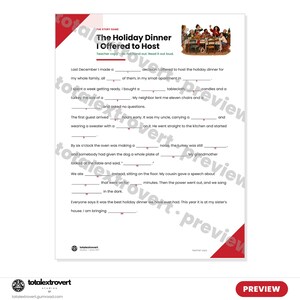 May include: A printable worksheet titled The Holiday Dinner I Offered to Host, featuring a fill-in-the-blank story about a family gathering. The page includes a small illustration of a group of people eating at a dining table and numbered blanks.