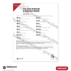 May include: A white educational document titled The Only 15 Words A Beginner Needs, featuring a numbered list of vocabulary words like snow, cold, hat, gift, tree, star, candle, card, party, cake, bell, family, happy, warm, and winter with definitions.