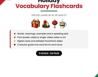Vokabelkarten für die Feiertage im Englischunterricht | Weihnachtsvokabelkarten A1, B1, C1 | Druckbare und digitale Wintervokabelkarten