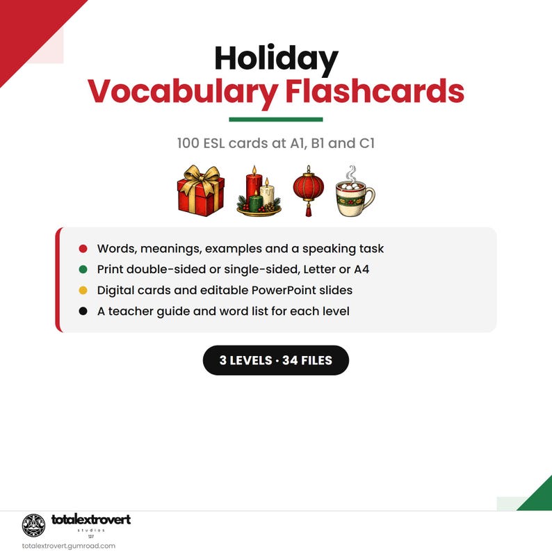 May include: Holiday Vocabulary Flashcards featuring 100 ESL cards at A1, B1, and C1 levels. The set includes digital cards, editable PowerPoint slides, a teacher guide, and a word list. Graphics show a gift, candles, a lantern, and a mug.