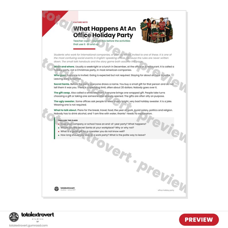 May include: A white educational handout titled What Happens At An Office Holiday Party, featuring a small illustration of people at a festive gathering. The text provides cultural notes on office parties, Secret Santa, and gift swaps.