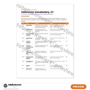 May include: A white educational reference sheet titled Halloween Vocabulary, C1, featuring a table with columns for card number, word, meaning, example, and page. The text includes terms like superstition, supernatural, and jump scare with definitions.
