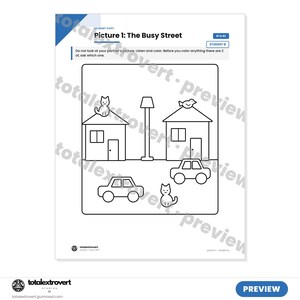 Puede incluir: Una hoja de trabajo educativa en blanco y negro titulada Picture 1: The Busy Street. La p&aacute;gina presenta dibujos lineales de dos casas, dos coches, una farola, un gato en un tejado, un p&aacute;jaro en un tejado y un gato en el suelo, con instrucciones.