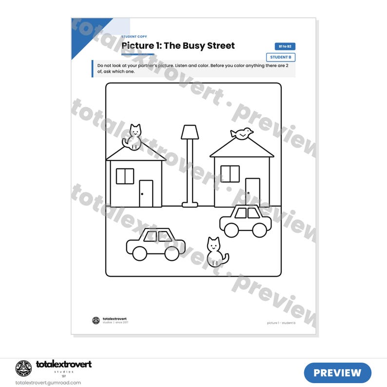 Puede incluir: Una hoja de trabajo educativa en blanco y negro titulada Picture 1: The Busy Street. La p&aacute;gina presenta dibujos lineales de dos casas, dos coches, una farola, un gato en un tejado, un p&aacute;jaro en un tejado y un gato en el suelo, con instrucciones.