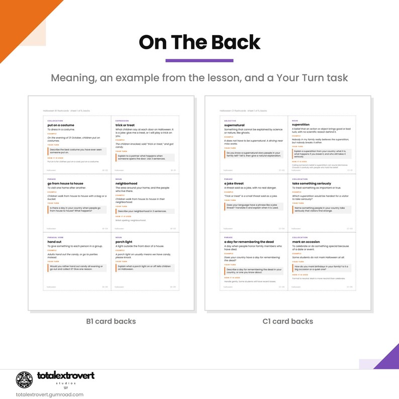 May include: Two white rectangular pages titled On The Back, featuring vocabulary cards with definitions, examples, and tasks. The left page is labeled B1 card backs, and the right page is labeled C1 card backs. Each card contains text in black font.