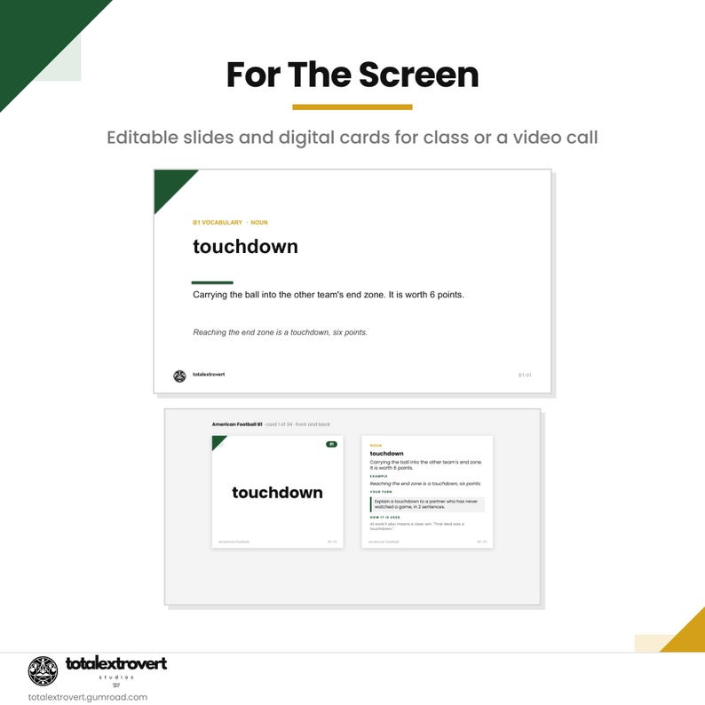 May include: Digital educational slides and cards titled For The Screen, featuring the vocabulary word touchdown. The content includes a definition, example sentence, and a prompt for the user, all presented in a clean, white layout with green accents.