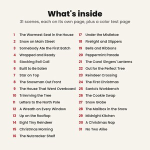 May include: A table of contents page titled What's inside, listing 31 numbered Christmas-themed scenes and a color test page. The text is black on a cream background, with red numbers for each entry, including titles like Snow on Main Street.